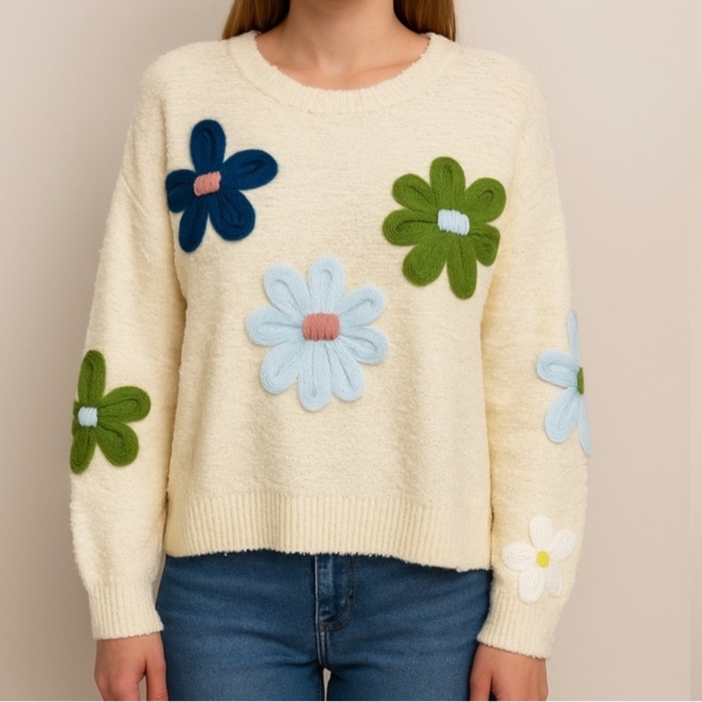 New Threaded Leaf Boho Floral Knit Sweater